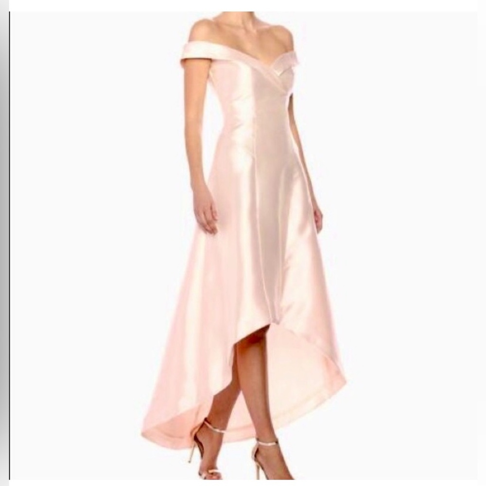 Calvin Klein blush pink satin high low off shoulder gown dress XL